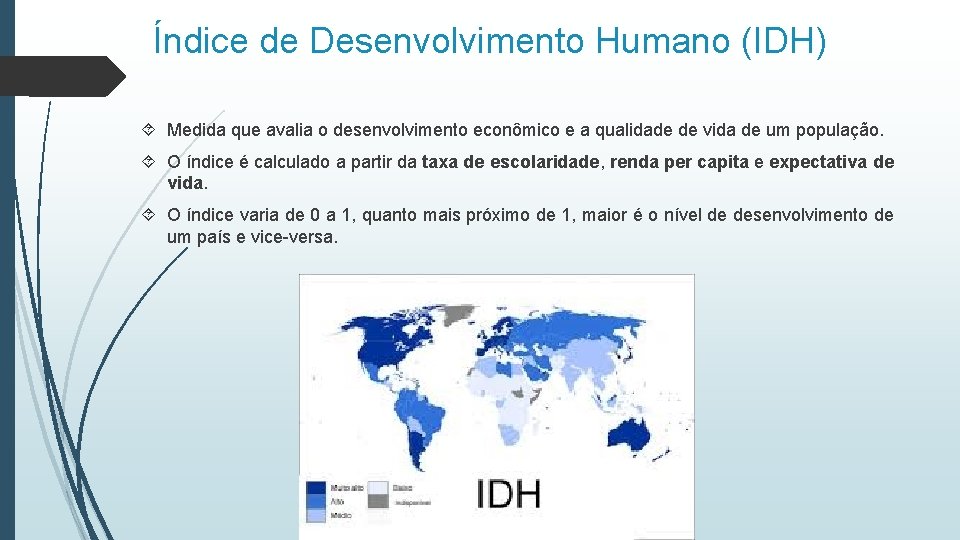 Índice de Desenvolvimento Humano (IDH) Medida que avalia o desenvolvimento econômico e a qualidade