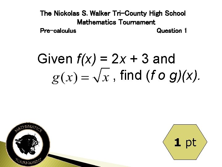 The Nickolas S. Walker Tri-County High School Mathematics Tournament Pre-calculus Question 1 Given f(x)