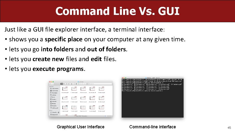 Command Line Vs. GUI Just like a GUI file explorer interface, a terminal interface: