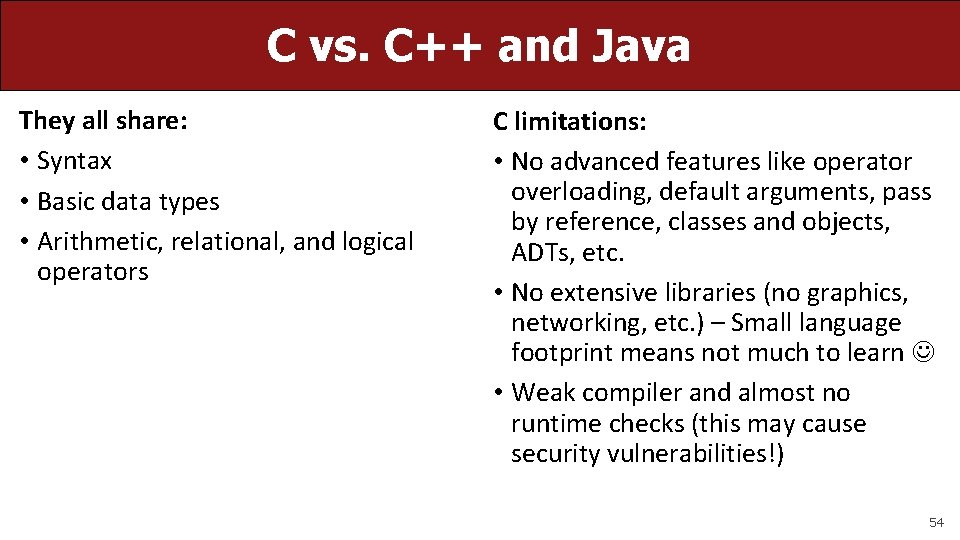 C vs. C++ and Java They all share: • Syntax • Basic data types