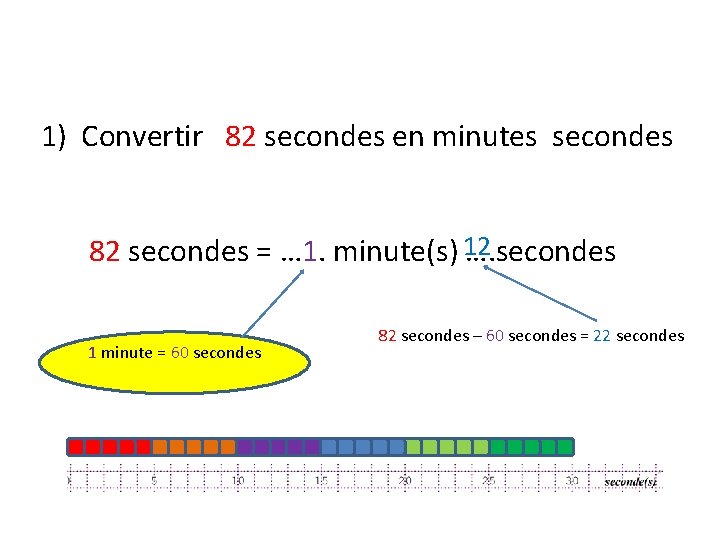 1) Convertir 82 secondes en minutes secondes 82 secondes = … 1. minute(s) 12