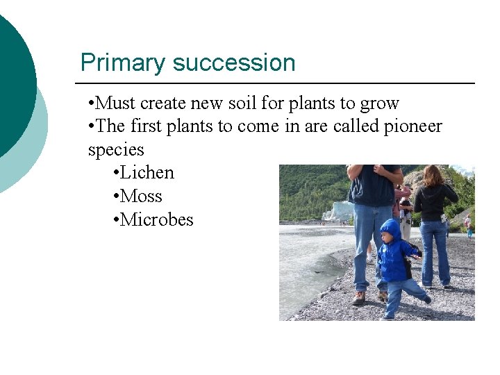 Primary succession • Must create new soil for plants to grow • The first