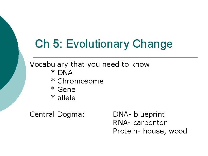 Ch 5: Evolutionary Change Vocabulary that you need to know * DNA * Chromosome
