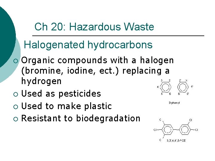 Ch 20: Hazardous Waste Halogenated hydrocarbons Organic compounds with a halogen (bromine, iodine, ect.