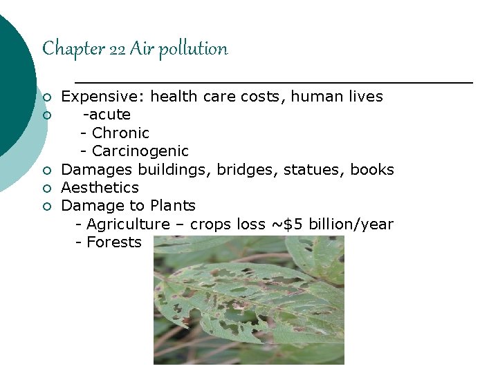 Chapter 22 Air pollution ¡ ¡ ¡ Expensive: health care costs, human lives -acute