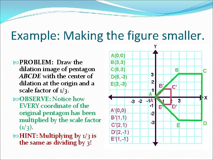 Example: Making the figure smaller. PROBLEM: Draw the dilation image of pentagon ABCDE with