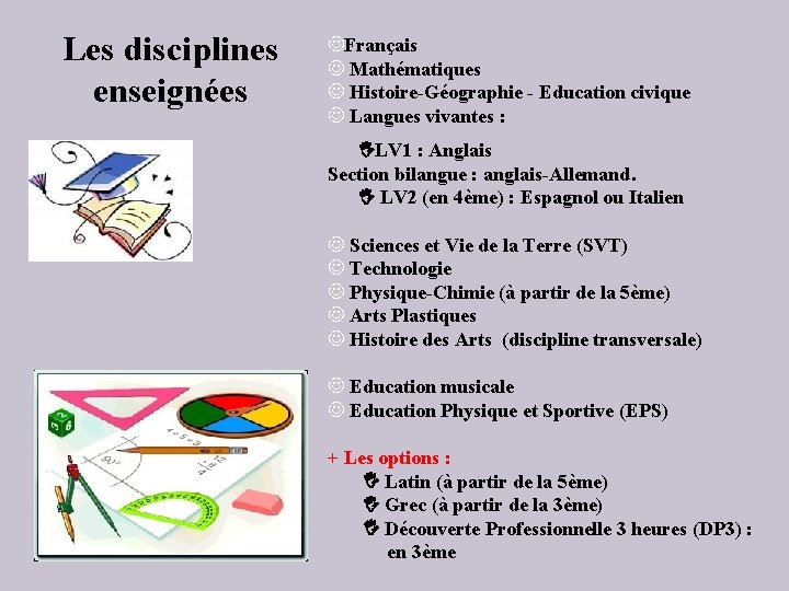 Les disciplines enseignées Français Mathématiques Histoire-Géographie - Education civique Langues vivantes : LV 1