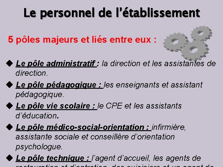 Le personnel de l’établissement 5 pôles majeurs et liés entre eux : Le pôle