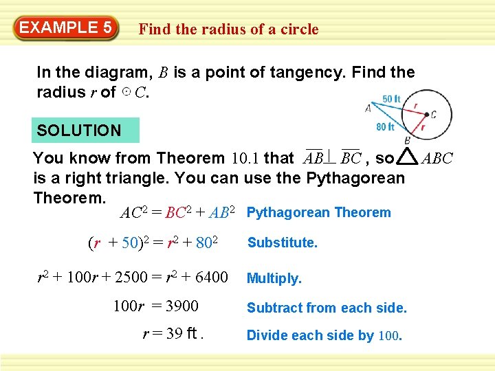 EXAMPLE 5 Find the radius of a circle In the diagram, B is a
