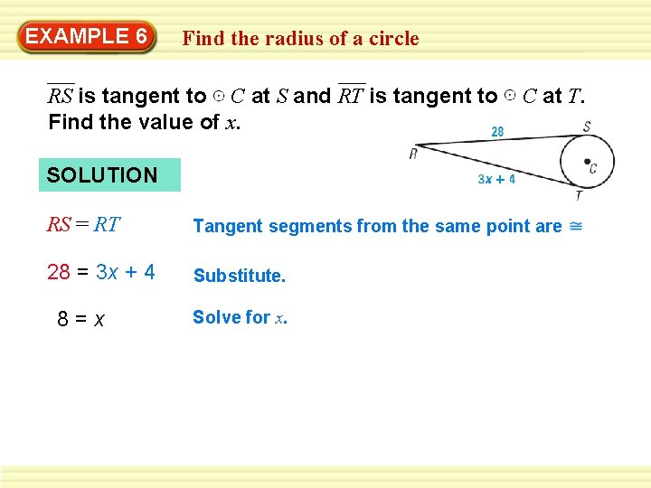 EXAMPLE 6 Find the radius of a circle RS is tangent to C at