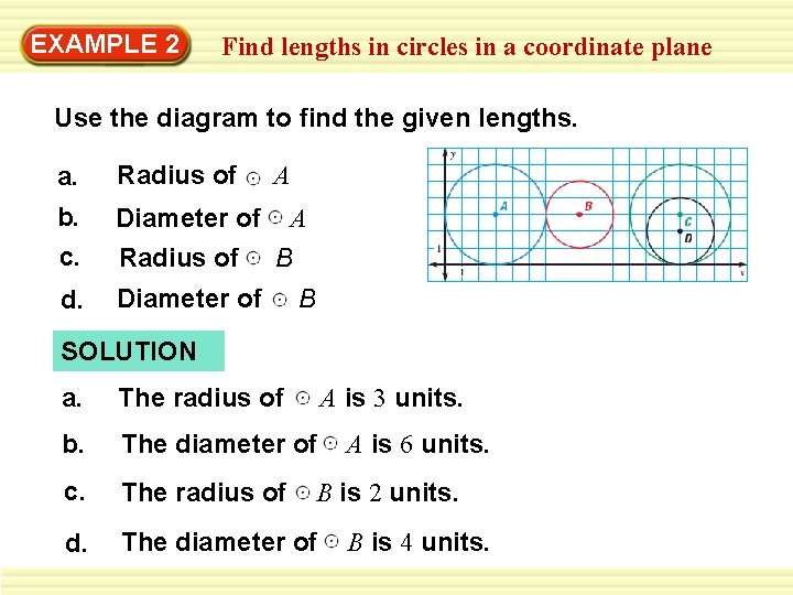 EXAMPLE 2 Find lengths in circles in a coordinate plane Use the diagram to