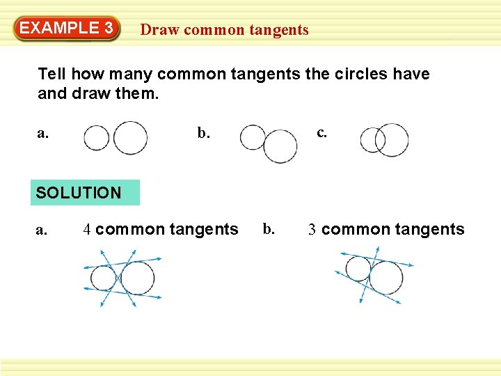 EXAMPLE 3 Draw common tangents Tell how many common tangents the circles have and