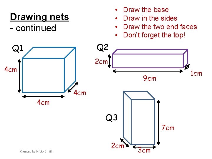  • • Drawing nets - continued Draw the base Draw in the sides