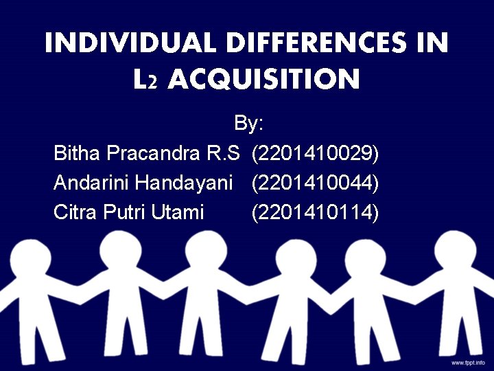 INDIVIDUAL DIFFERENCES IN L 2 ACQUISITION By: Bitha Pracandra R. S (2201410029) Andarini Handayani