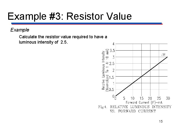 Example #3: Resistor Value Example Calculate the resistor value required to have a luminous