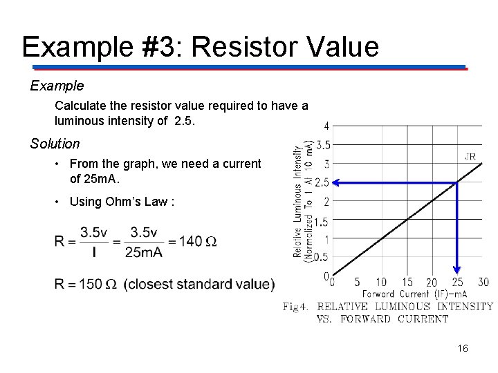 Example #3: Resistor Value Example Calculate the resistor value required to have a luminous