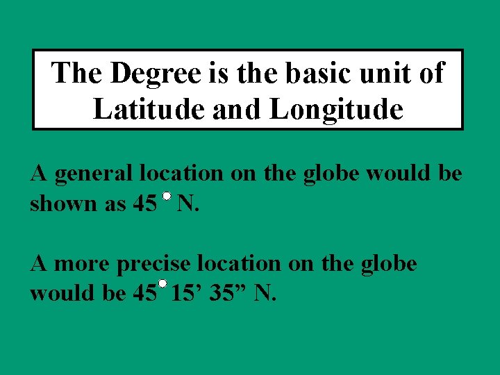 The Degree is the basic unit of Latitude and Longitude A general location on