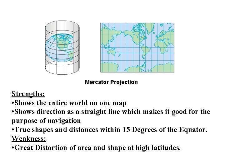 Mercator Projection Strengths: • Shows the entire world on one map • Shows direction