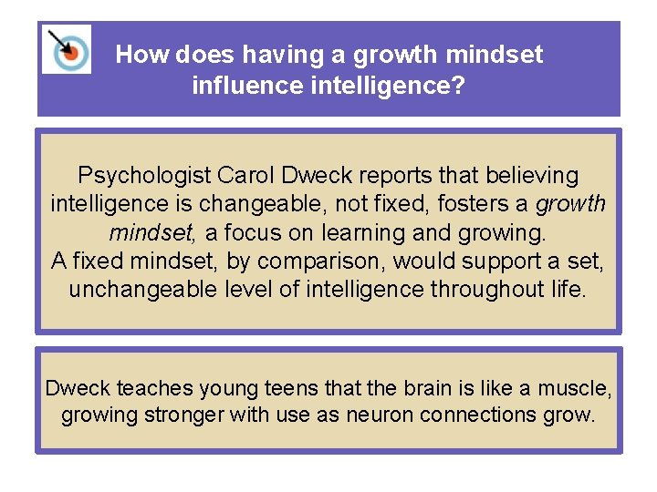 How does having a growth mindset influence intelligence? Psychologist Carol Dweck reports that believing