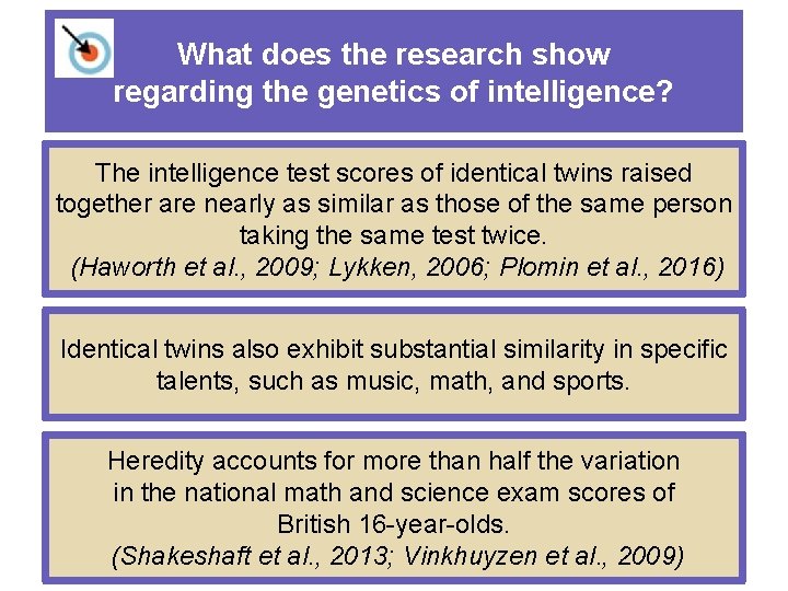 What does the research show regarding the genetics of intelligence? The intelligence test scores