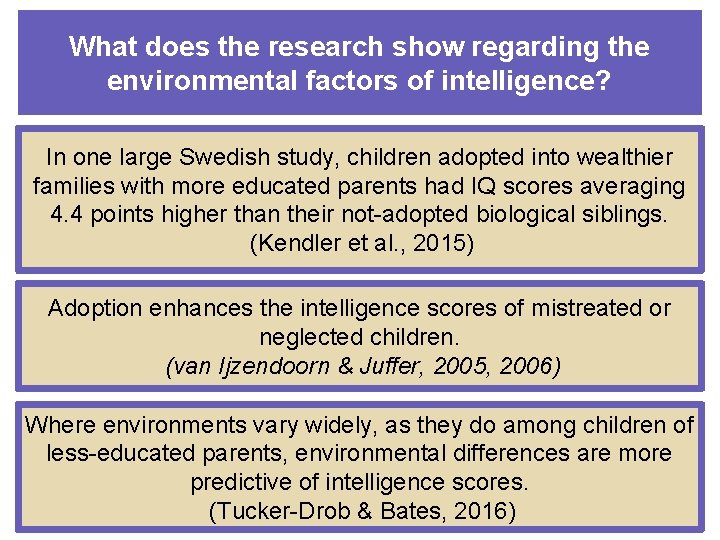 What does the research show regarding the environmental factors of intelligence? In one large