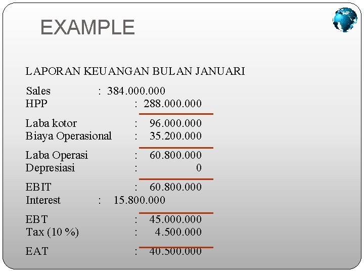 EXAMPLE LAPORAN KEUANGAN BULAN JANUARI Sales HPP : 384. 000 : 288. 000 Laba