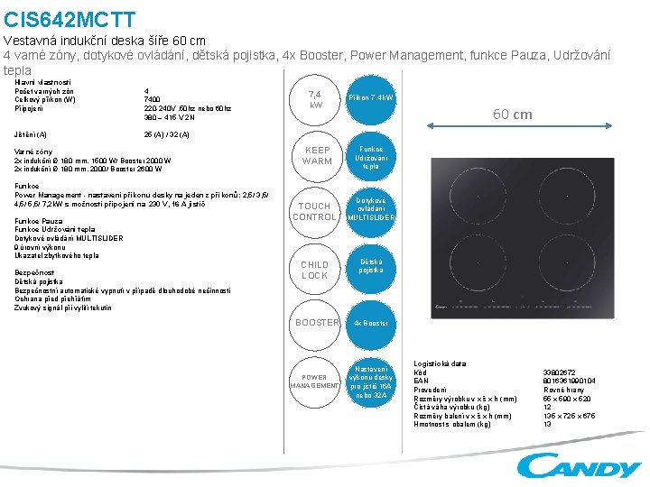 CIS 642 MCTT Vestavná indukční deska šíře 60 cm 4 varné zóny, dotykové ovládání,