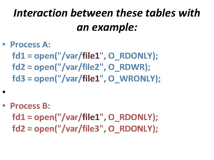 Interaction between these tables with an example: • Process A: fd 1 = open("/var/file Interaction between these tables with an example: • Process A: fd 1 = open("/var/file