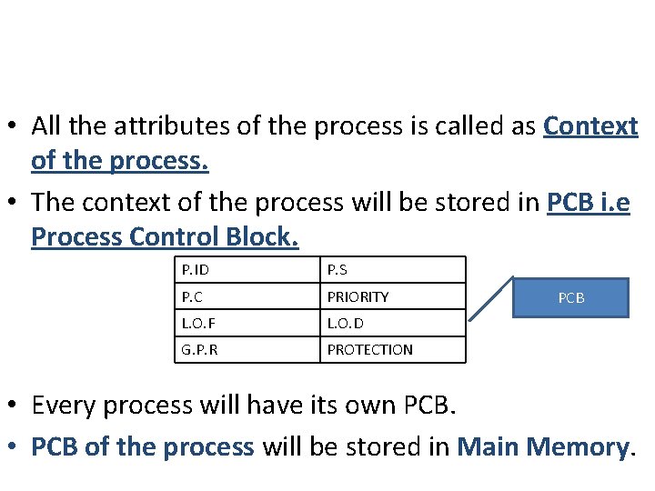 • All the attributes of the process is called as Context of the • All the attributes of the process is called as Context of the