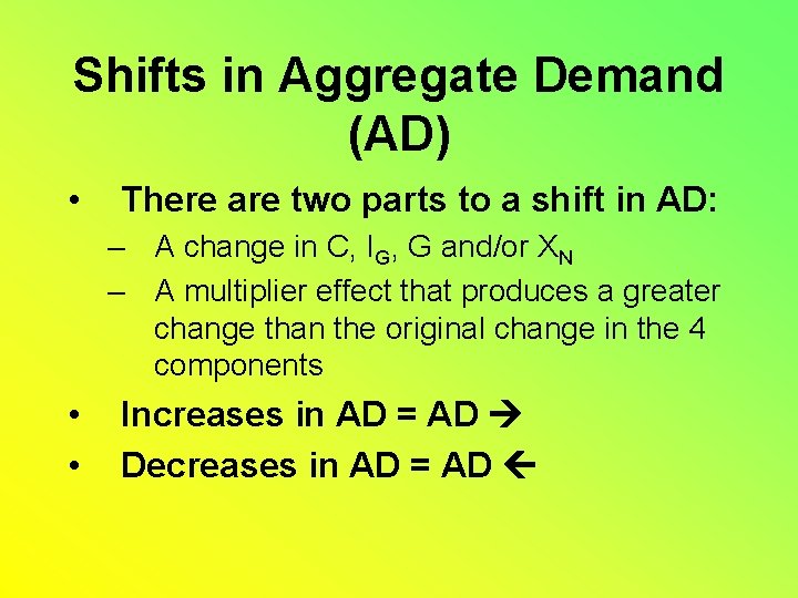 Shifts in Aggregate Demand (AD) • There are two parts to a shift in