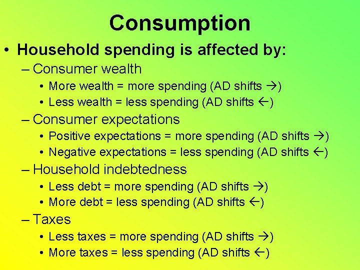 Consumption • Household spending is affected by: – Consumer wealth • More wealth =