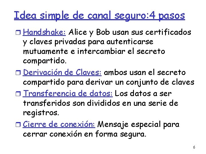 Idea simple de canal seguro: 4 pasos Handshake: Alice y Bob usan sus certificados