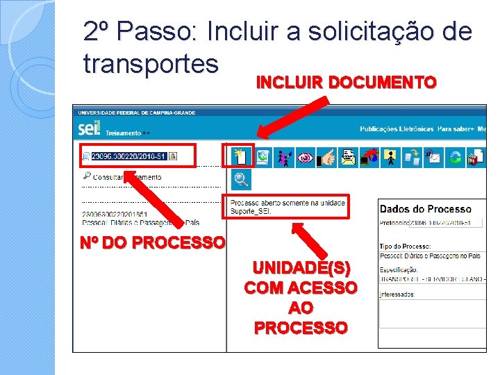 2º Passo: Incluir a solicitação de transportes INCLUIR DOCUMENTO Nº DO PROCESSO UNIDADE(S) COM