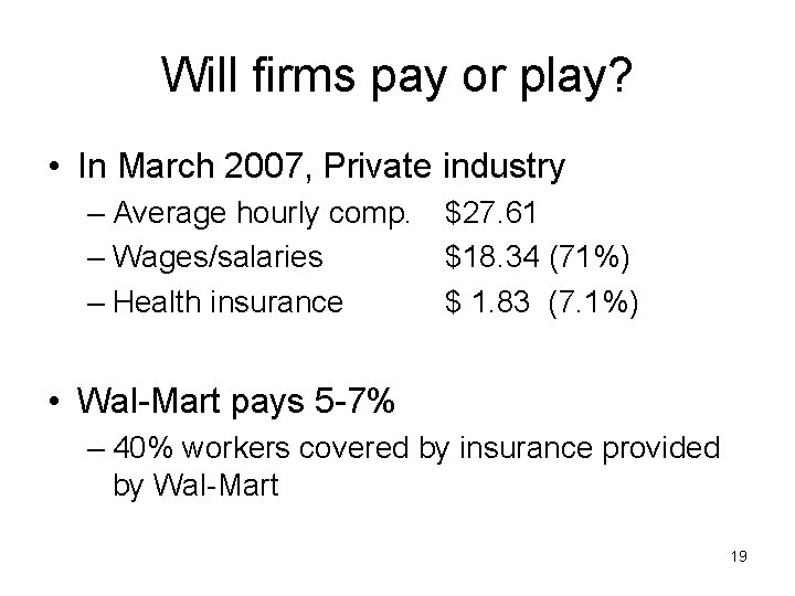 Will firms pay or play? • In March 2007, Private industry – Average hourly