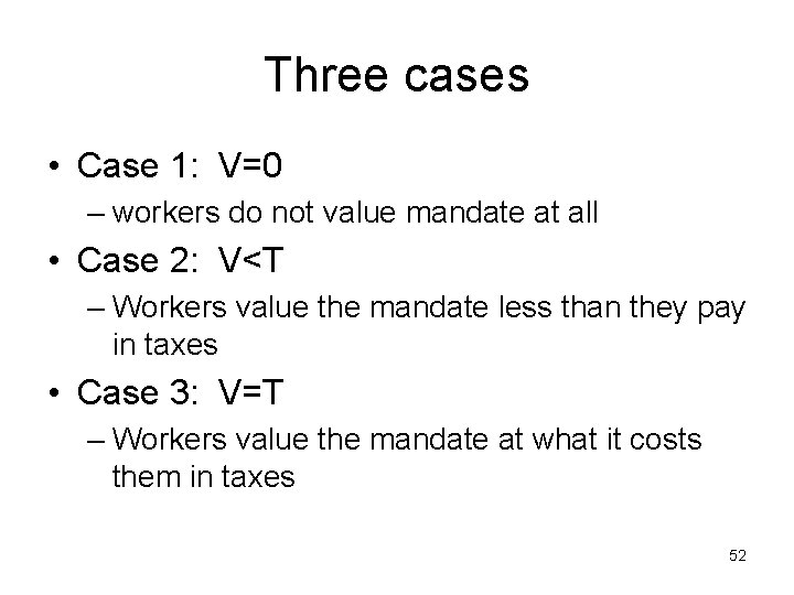 Three cases • Case 1: V=0 – workers do not value mandate at all