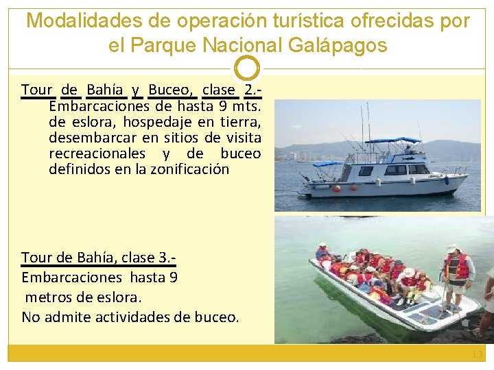 Modalidades de operación turística ofrecidas por el Parque Nacional Galápagos Tour de Bahía y