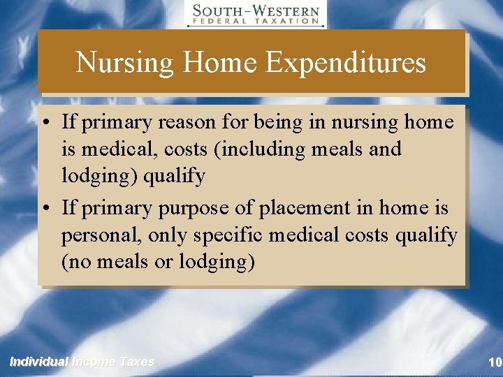 Nursing Home Expenditures • If primary reason for being in nursing home is medical,