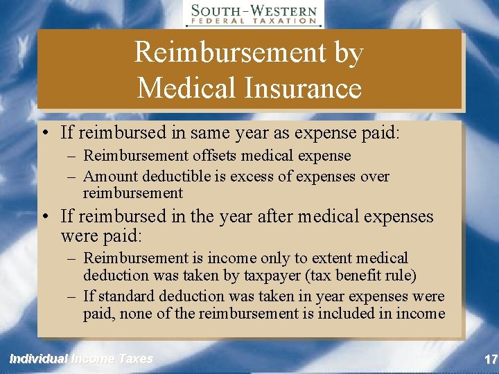 Reimbursement by Medical Insurance • If reimbursed in same year as expense paid: –