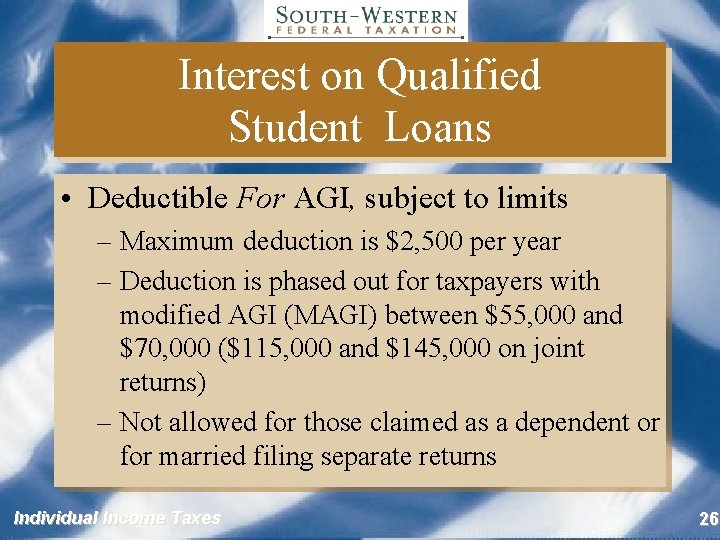 Interest on Qualified Student Loans • Deductible For AGI, subject to limits – Maximum