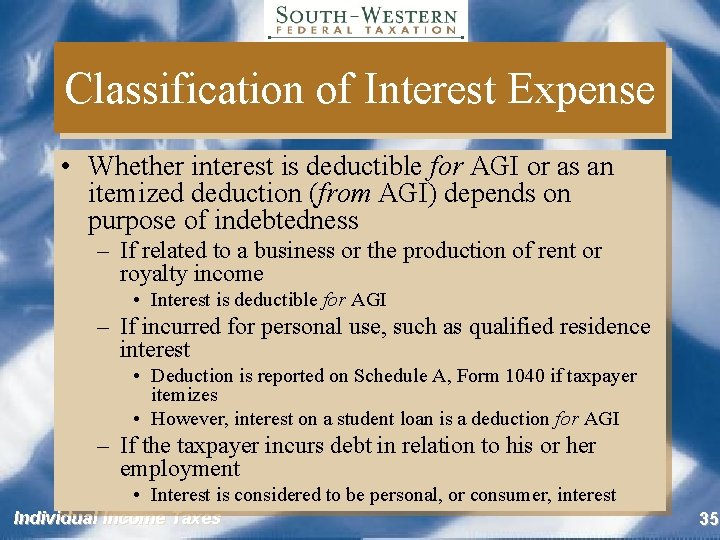 Classification of Interest Expense • Whether interest is deductible for AGI or as an