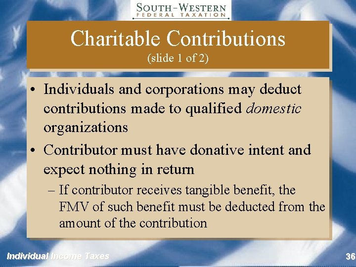 Charitable Contributions (slide 1 of 2) • Individuals and corporations may deduct contributions made