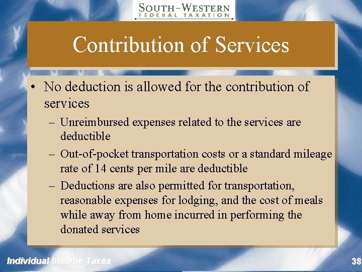 Contribution of Services • No deduction is allowed for the contribution of services –