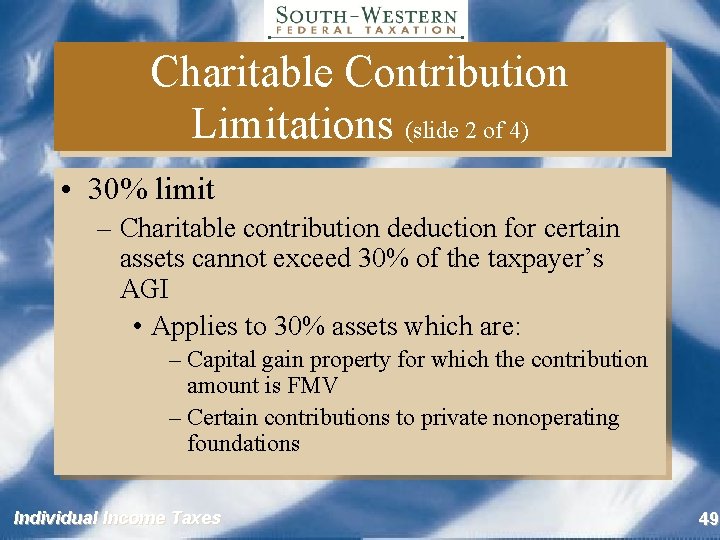 Charitable Contribution Limitations (slide 2 of 4) • 30% limit – Charitable contribution deduction