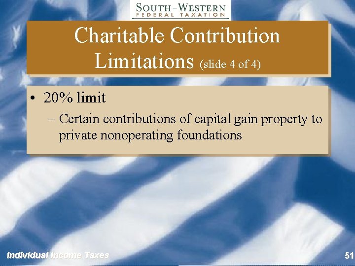 Charitable Contribution Limitations (slide 4 of 4) • 20% limit – Certain contributions of