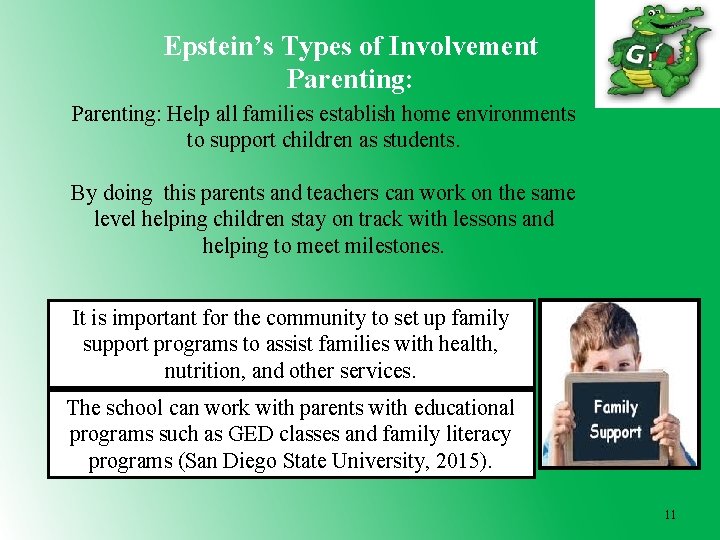 Epstein’s Types of Involvement Parenting: Help all families establish home environments to support children