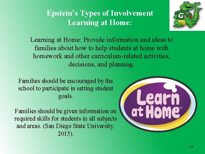 Epstein’s Types of Involvement Learning at Home: Provide information and ideas to families about
