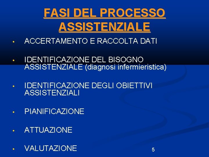 FASI DEL PROCESSO ASSISTENZIALE • ACCERTAMENTO E RACCOLTA DATI • IDENTIFICAZIONE DEL BISOGNO ASSISTENZIALE