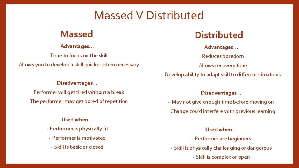 Massed V Distributed Massed Distributed Advantages… - Advantages… Time to focus on the skill