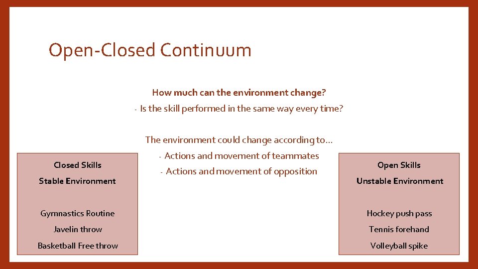 Open-Closed Continuum How much can the environment change? - Is the skill performed in