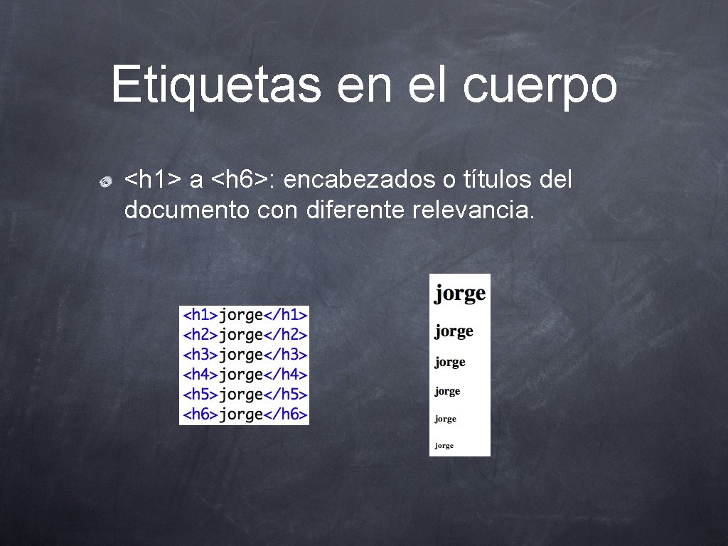 Etiquetas en el cuerpo <h 1> a <h 6>: encabezados o títulos del documento